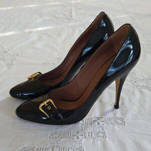 Guiseppe Zanotti Black Patent Heels with Gold Buckle Accents